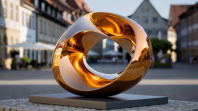 Gl&auml;nzende goldene M&ouml;bius-Schleifenskulptur auf einem Steinsockel auf einem Stadtplatz mit historischen Geb&auml;uden