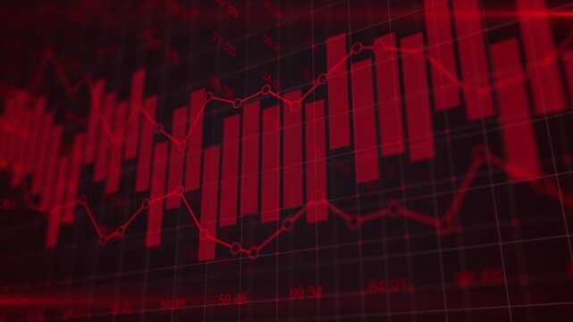Stock market trading graph in red as 3D illustration background showing economy trading trends, financial crisis, economic development and investment decline concept