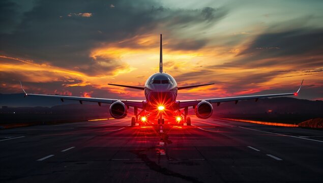 Airplane on runway during dramatic sunset with glowing sky commercial aircraft travel aviation transport concept cinematic landscape scene