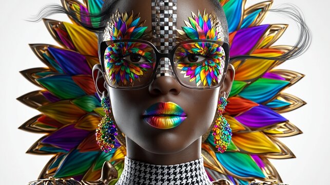 Digitales Portr&auml;t einer Frau mit farbenpr&auml;chtigen Federn, karierter Sonnenbrille und buntem Lippenstift in Karnevalsstimmung