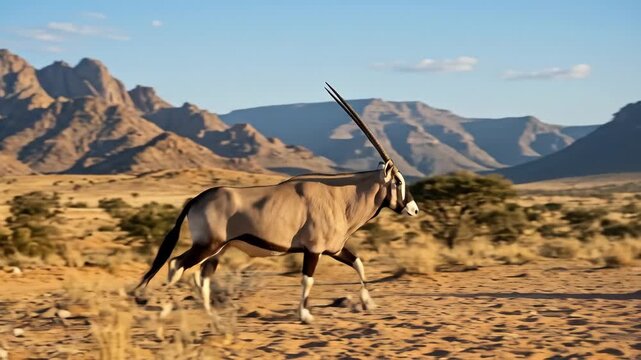 Oryx standing in a desert landscape with mountains in the background, majestic antelope in an arid natural habitat, scenic wildlife view, warm daylight, realistic safari photography, no logos