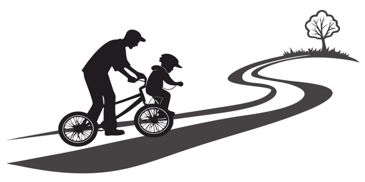 Silhouette illustration of a father cycling with his child on a scenic road near a tree silhouette outdoors parenting recreation adventure together landscape activity lifestyle exercise