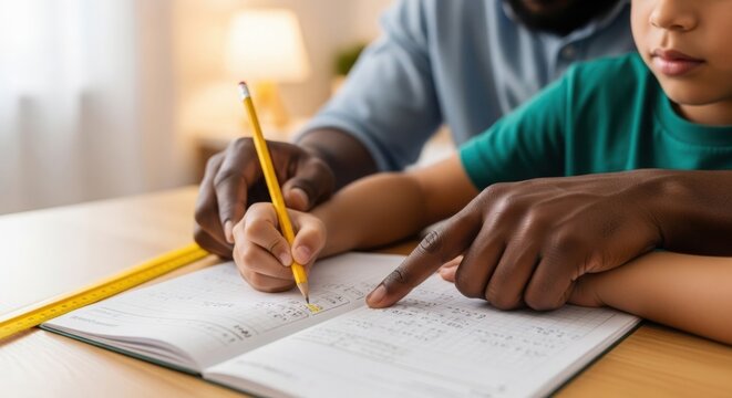 Parent helping child with homework in cozy home environment. Dad guides son through lesson with pencil on notebook. Meaningful family time for educational growth and bonding moments.