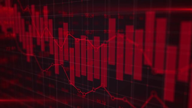 Stock market trading graph in red as 3D illustration background showing economy trading trends, financial crisis, economic development and investment decline concept
