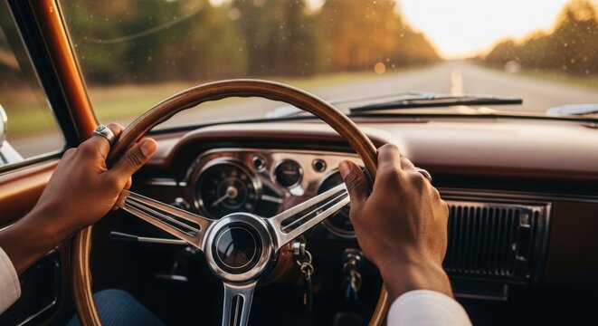 Driving classic car on open road with hands on steering wheel enjoying sunset scenery. Vintage automobile interior shows wooden steering wheel and dashboard, perfect for road trip themes.