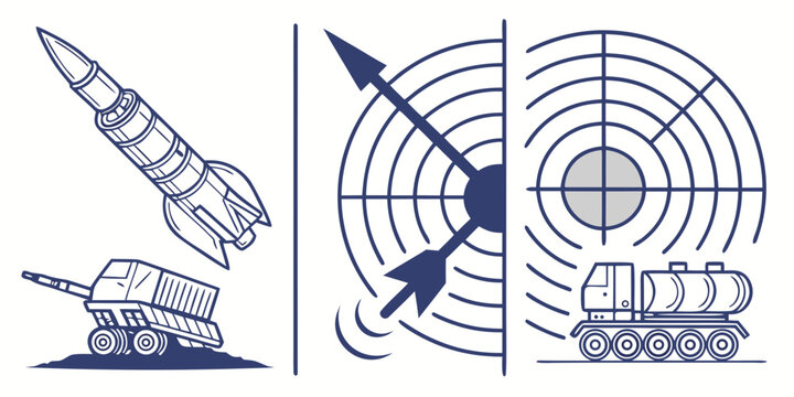 Military missile launch and radar detection graphic set with missile system military technology radar screen icon set vector graphics defense system advanced technology strategic weapon