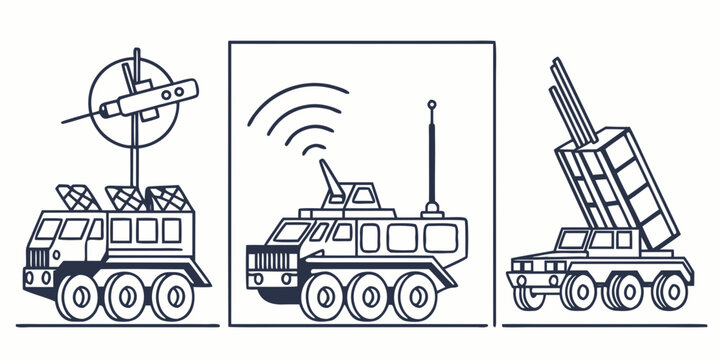 Modern military communication and multiple rocket launcher vehicles set with military launcher communication artillery transport tactical technology electronic illustration logistics