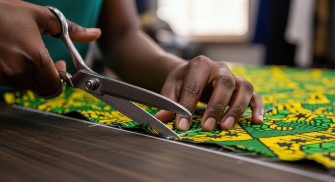 Tailor cutting vibrant green and yellow fabric with scissors on wooden table, skilled hands demonstrating craftsmanship. Tailoring involves precision and creativity, showcasing an art of sewing.