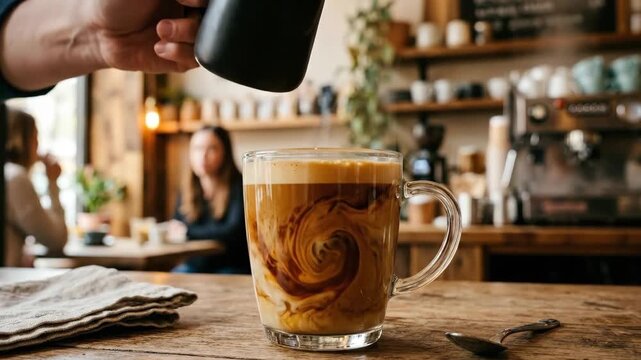 Coffee pouring into clear mug with swirling cream and espresso, elegant beverage motion concept with rich texture and warm caf&eacute; atmosphere, realistic detail, no logos