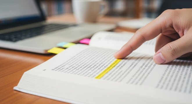 Studying with open book and highlighted text, a person pointing at an important passage next to laptop and coffee cup. Studying setup includes colorful sticky notes for important information.