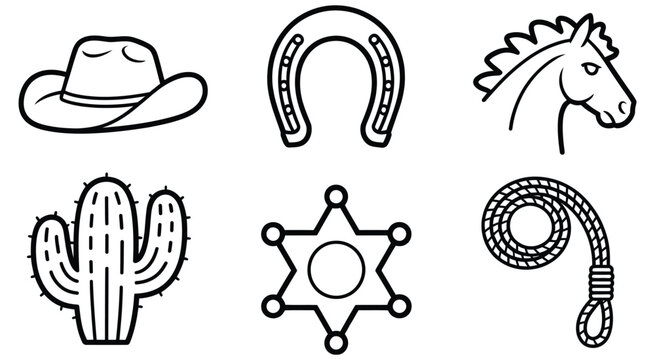 Set of cowboy hat horseshoe horse head cactus sheriff badge and lasso in simple black outlines vector illustration, western ranch themed icon collection for rodeo branding rustic signage and country 