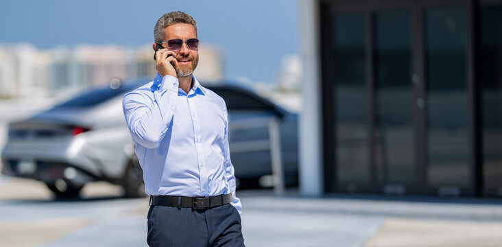 Ambitious businessman use phone. Business call. Busy businessman talking phone. Office worker talking on phone outdoor. Businessman talk on smartphone. Businessman phone conversation