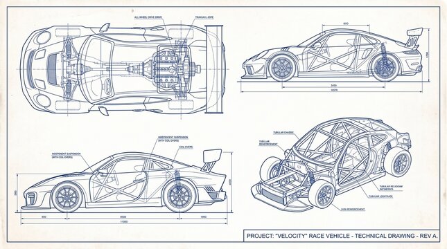 Technical blueprint of modified sports car with multiple views, detailed mechanical systems, roll cage, suspension, aerodynamic wing, chassis reinforcement, and drivetrain layout, showcasing engineeri