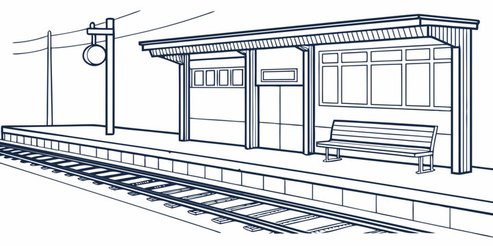 Empty train station platform with waiting bench and roof cover platform railroad transportation infrastructure architecture building traveling illustration exterior perspective passenger