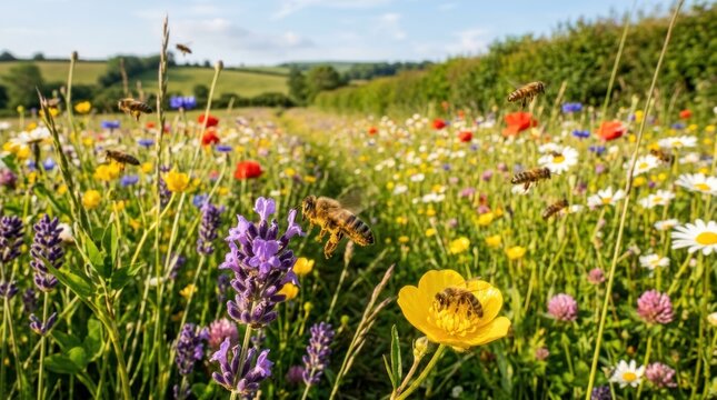 A vibrant, colorful meadow with bees flying around flowers and lavender.
