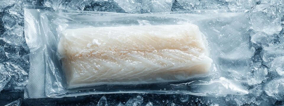 Fresh Cod Fillet Sealed in Vacuum Pack Preserving Quality on Ice for Optimal Freshness in Culinary Applications
