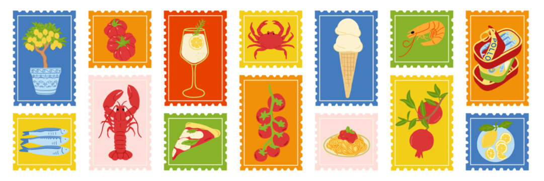 Set of Italy summer postcard stamps. Hand drawn lemon tree, pasta, sardines, gelato, crab, tomato, seafood. Mediterranean vacation illustration. Coastal travel vector design