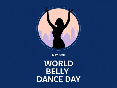 World belly dance day celebration poster with a silhouette of a woman dancing against a city skyline background