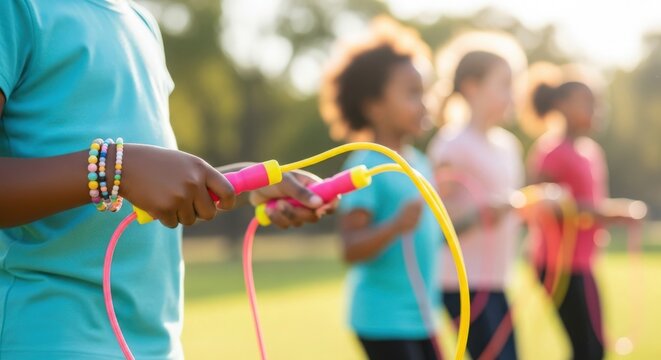 Children skipping rope outdoors with colorful jump ropes in sunlight. Kids engage in fun exercise during playtime, fostering active lifestyle and physical fitness.