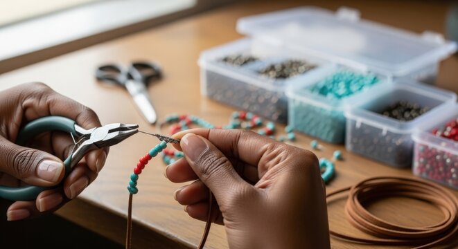 Crafting handmade jewelry with colorful beads and tools on wooden table. Jewelry-making includes vibrant beads, wire cutters, and leather cord for personalized designs.