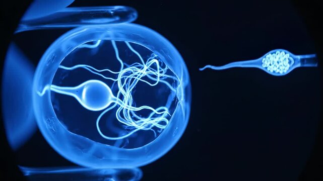 This shows a detailed microscopic view of an IVF procedure. A pipette is used to inject a sperm into an egg, a crucial step in the process of in vitro fertilization for pregnancy and fetus development