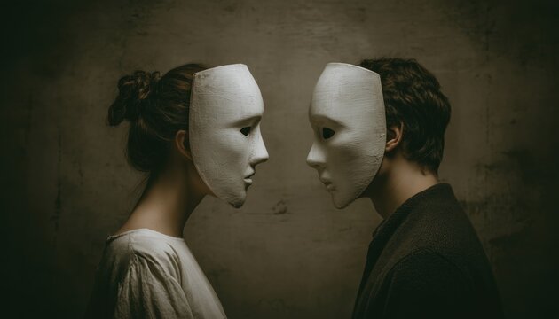 Balanced Relationship: Masked Woman And Man Portraying A Variety Of Emotions In Their Interaction And Expression.