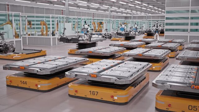 Rows of Lithium-Ion Battery Modules loaded on AGVs inside Fully Automated Modern Car Factory. AI-powered Humanoid Robots and Robotic Arms Assembling Electric Cars in Background. 3d Animation Render