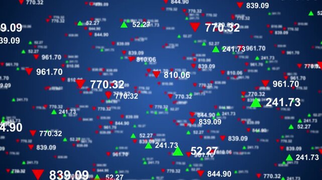 Changing stock market ticker numbers with prices and indexes on blue financial display showing real-time trading data, exchange rates, and investment market information