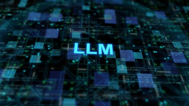 Large language model artificial intelligence concept showing deep learning neural network data processing, natural language understanding, and generative AI technology interface
