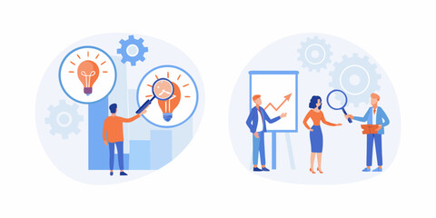 Fototapeta premium diverse team collaboration in flat vector panels with lightbulbs and gears high quality professional detailed