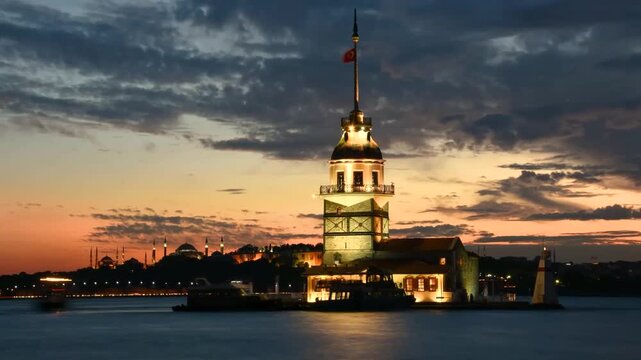 sunset over bosphorus and maiden tower istanbul