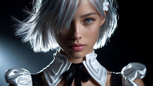 Eine junge Frau mit wei&szlig;em Kurzhaarschnitt in einem silbernen Kost&uuml;m blickt vor dunklem Hintergrund in die Kamera