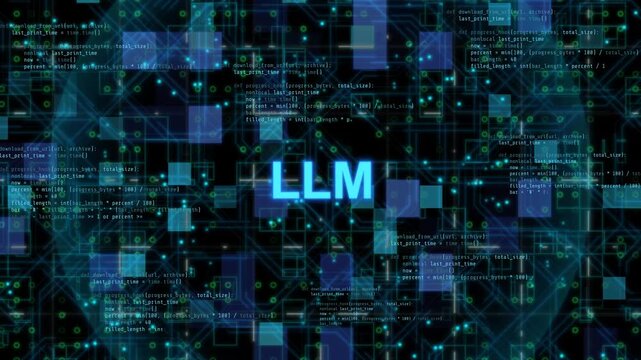 Large language model artificial intelligence concept showing deep learning neural network data processing, natural language understanding, and generative AI technology interface
