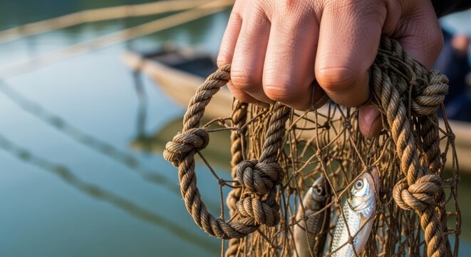 Fishing catch with hand holding net filled with fresh fish by riverside. Fishing net displays shimmering fish caught from tranquil water under bright sunlight.