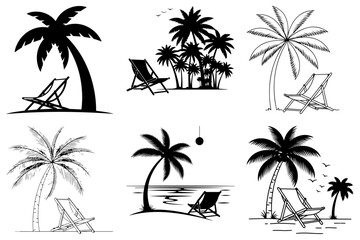 Beach chair and palm tree line art silhouette vector Designs © Nasima