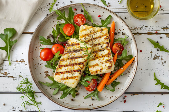 Gegrillter Halloumi Salat mit Rucola, Tomaten und Karotten &ndash; gesunde mediterrane K&uuml;che