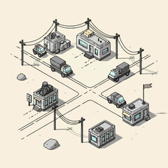 Naklejka premium Isometric illustration of a small town intersection with buildings, cars, and trucks.