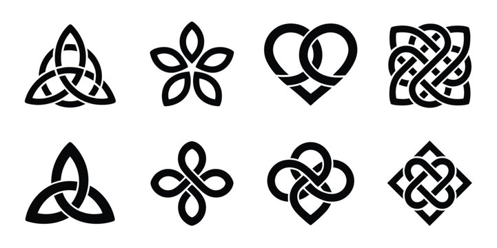 Endless knot set of buddhist cultural symbols sacred celtic intertwined patterns medieval decorative ornament vector illustration