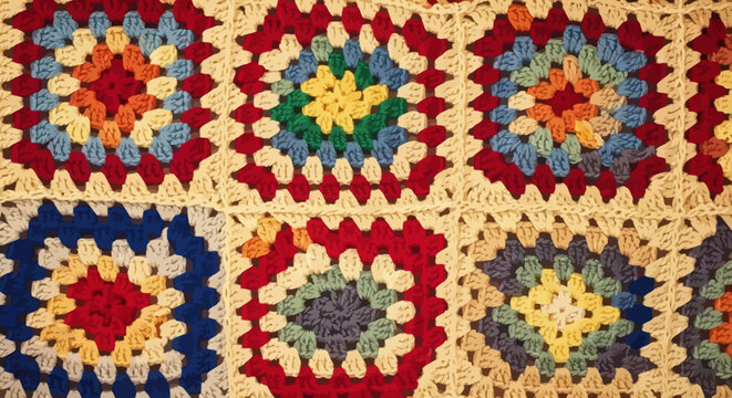 Vibrant colorful crochet granny square blanket pattern texture