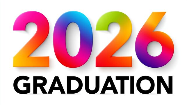 Bunte, dreidimensionale Zahlen 2026 mit dem Schriftzug Graduation auf wei&szlig;em Hintergrund