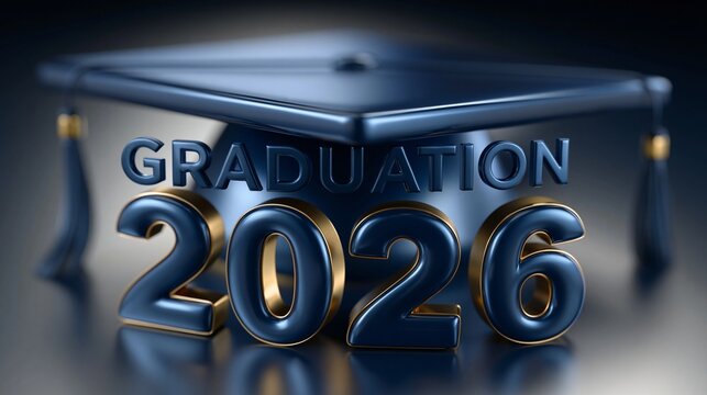 Dunkelblauer dreidimensionaler Schriftzug &bdquo;Graduation 2026" mit goldenem Akzent auf einer Podestfl&auml;che mit Doktorhut auf dunklem Hintergrund