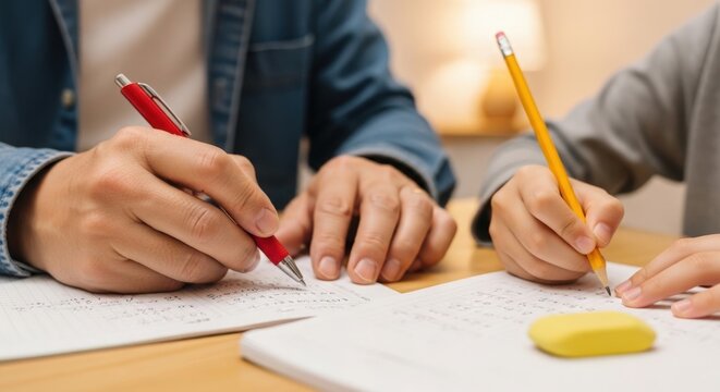 Parent and child writing together with pencils on paper at wooden table. Collaborative learning experience features two hands focused on writing assignments,