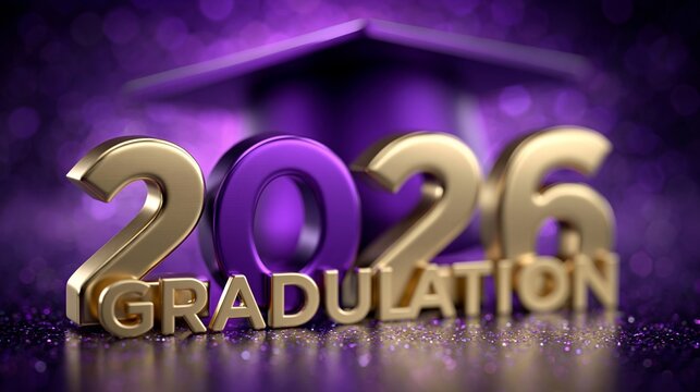 Goldene dreidimensionale Schrift &bdquo;2026 GRADUATION" mit Doktorhut auf glitzerndem lila Hintergrund