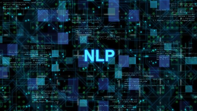 Natural language processing concept showing artificial intelligence text analysis, speech recognition, machine learning algorithm, and deep learning communication technology interface
