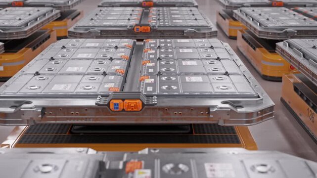 Close-up Tracking Shot of Rows of Lithium-Ion Battery Modules loaded on AGVs inside Fully Automated Modern Autonomous Electric Car Factory. Future Automotive Manufacturing Process. 3d Animation Render