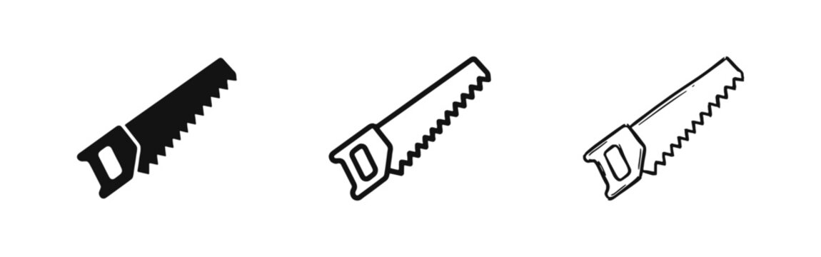 Hand Saw Carpenter Tool Icon Set in Solid, Outline, and Sketch Styles