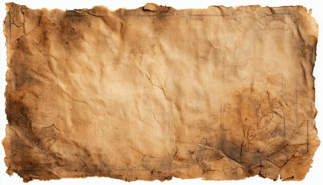 Antique Distressed Parchment Paper Texture On White Background. Abstract Old Label For Grunge, Ornaments, Books, Letters, Time, Patterns, And History Themes.