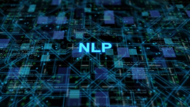 Natural language processing concept showing artificial intelligence text analysis, speech recognition, machine learning algorithm, and deep learning communication technology interface