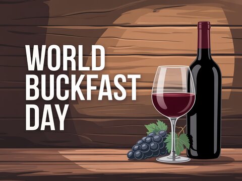World buckfast day poster with wine bottle, glass and grapes on wooden background