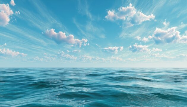 Tranquil Sea Or Ocean With Serene Waves, Beautiful Sky With Exotic Clouds In A Paradise Setting For Nature Lovers. Perfect For Summer Travel.